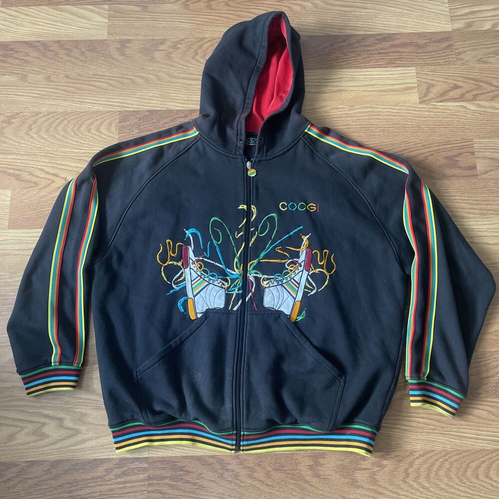 COOGI Graphic Full Zip Hoodie Mens XXXL Black Rainbow Stripe Streetwear Hip Hop